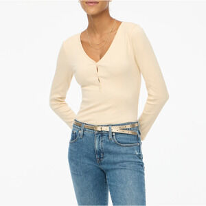 NEW J Crew Cream Ribbed V-Neck Henley Long Sleeve Tee Size Small